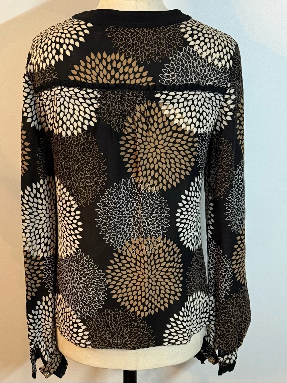 Tory Burch Black Long-Sleeve Henley Top with Taupe & Ivory Floral Medallions
